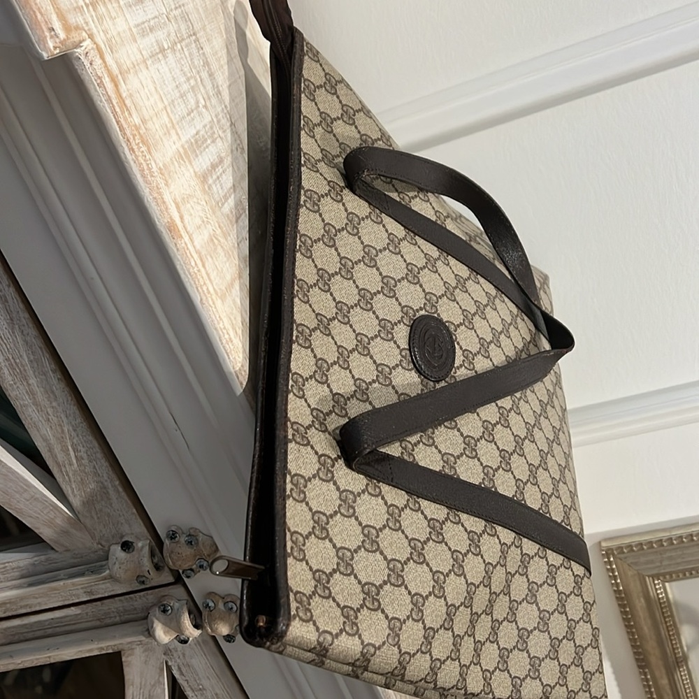 Gucci GG Coated Canvas & Brown Large Leather Tote Shoulder Overnight Bag EUC - Picture 6 of 12